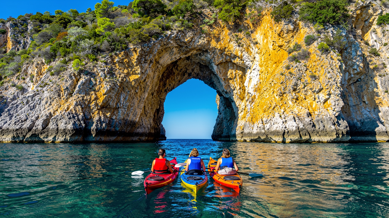 Kayaks approaching narrow natural rock arch on Amalfi Coast